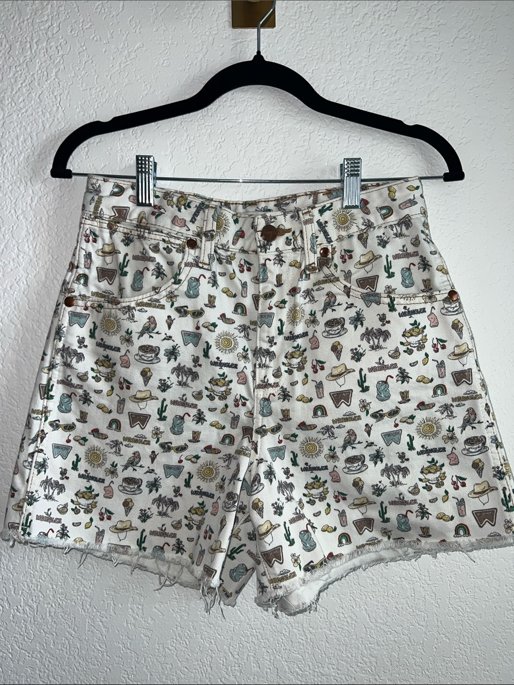 Wrangler White Denim Shorts with Southwestern Multi-Color Print